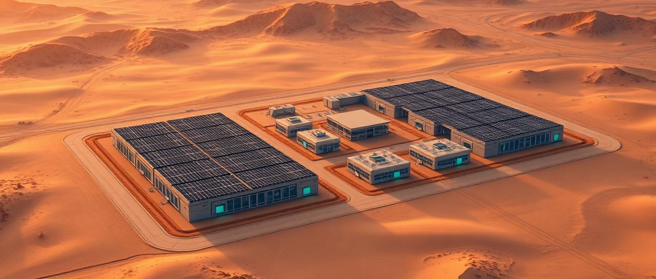 Aerial view of a desert data center with solar arrays at golden hour